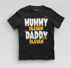 Mummy Paavam, Daddy Also Paavam Boys Round Neck T-Shirt in Black Color
