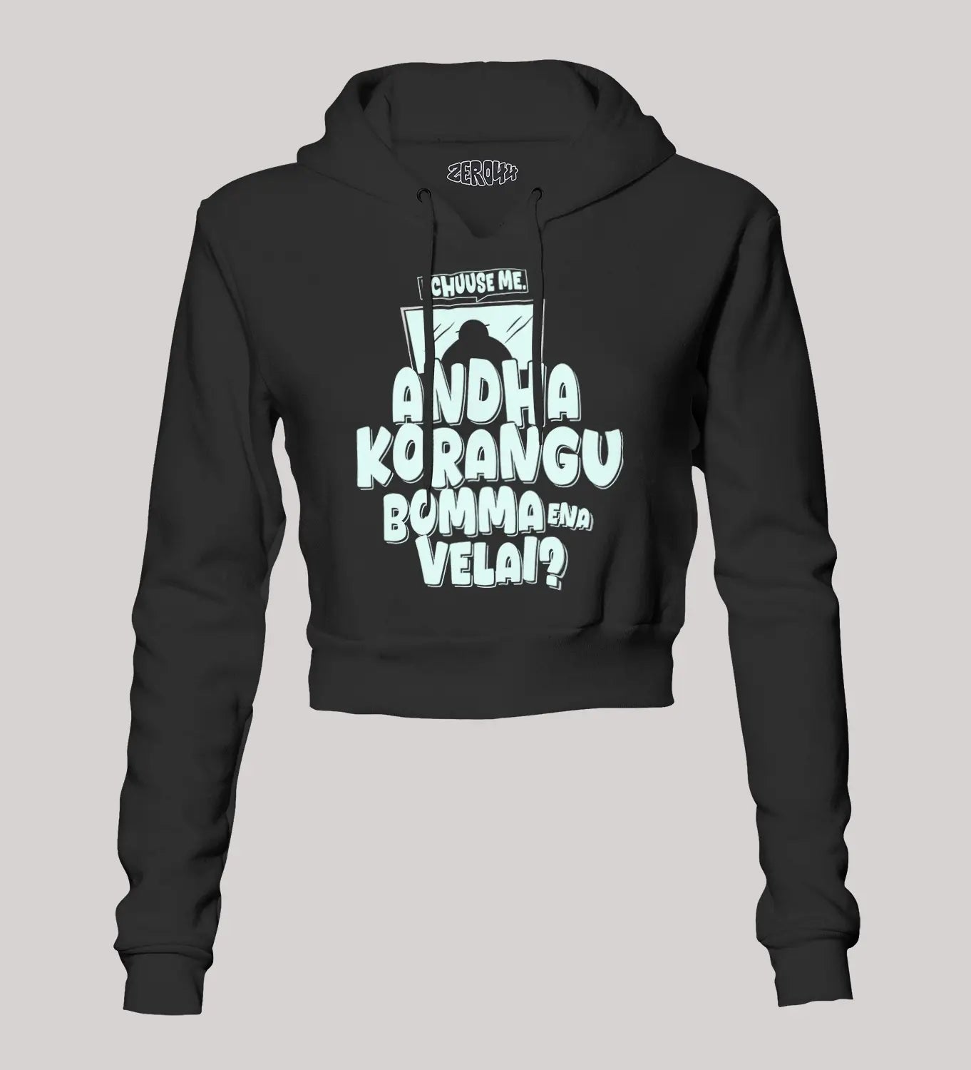 Echuuse Me Andha Korangu Bomma Ena Velai Women's Crop Hoodies in Black Color