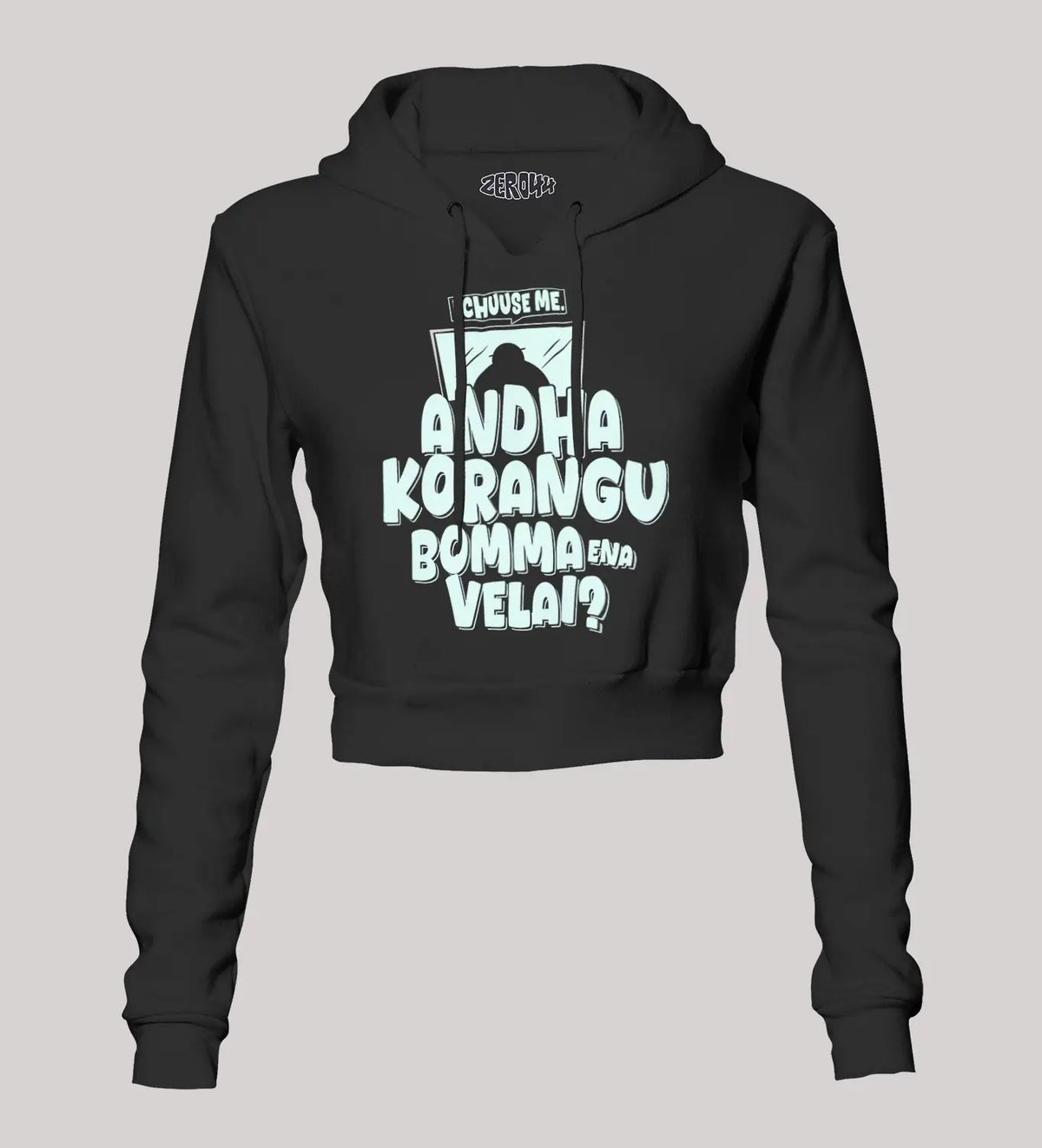 Echuuse Me Andha Korangu Bomma Ena Velai Women's Crop Hoodies in Black Color