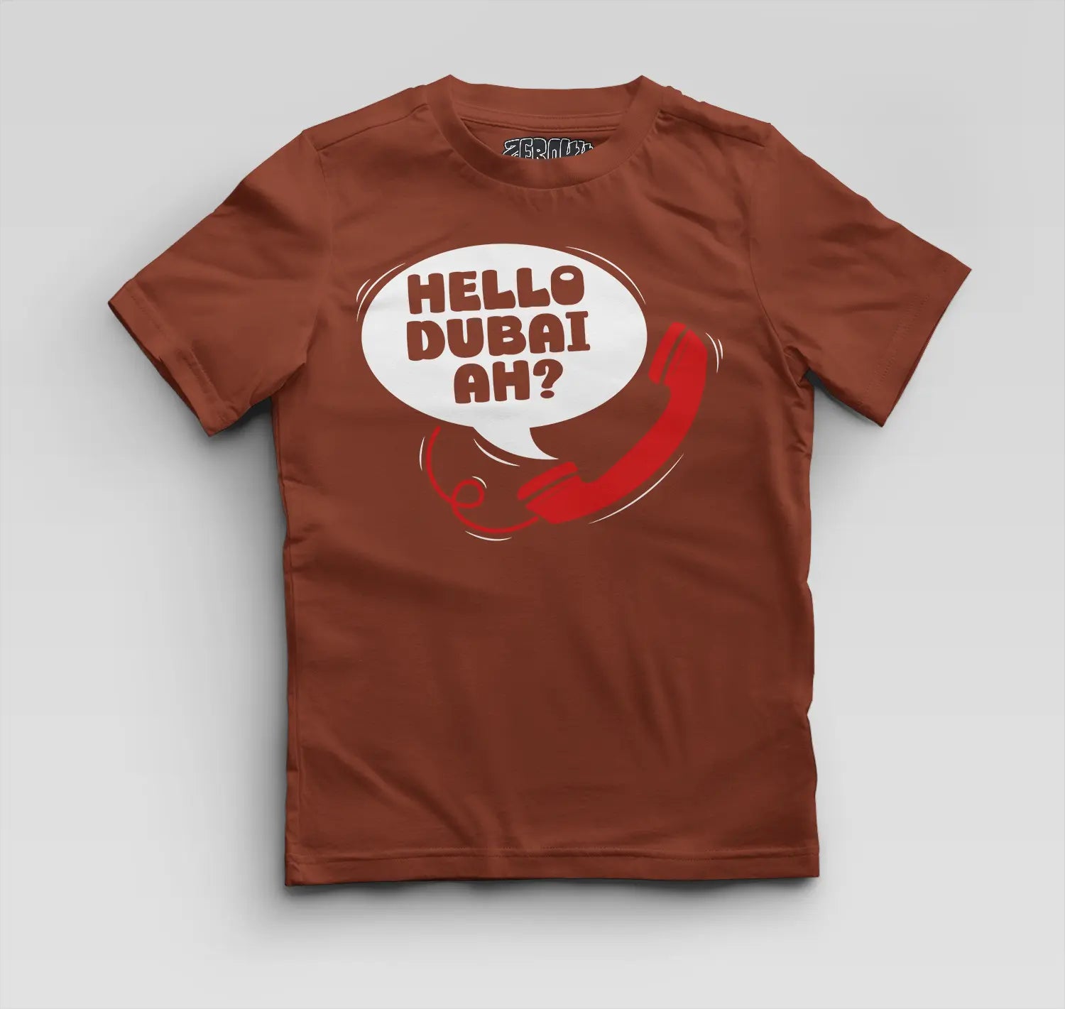 Hello Dubai Ah? Boys Round Neck T-Shirt in Brick Red Color