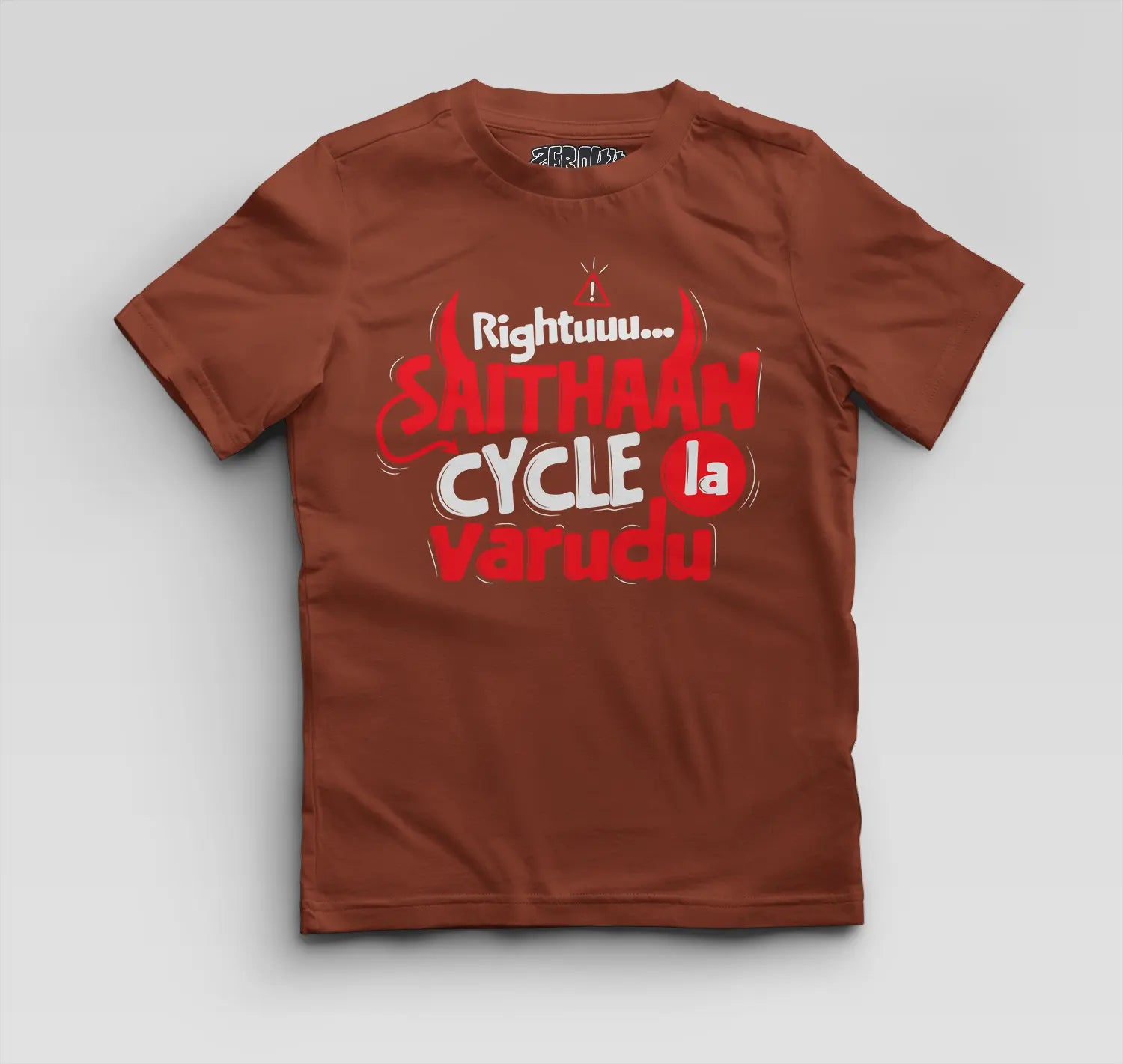 Rightuuu.. Saithaan Cycle La Varudhu Boys Round Neck T-Shirt in Brick Red Color