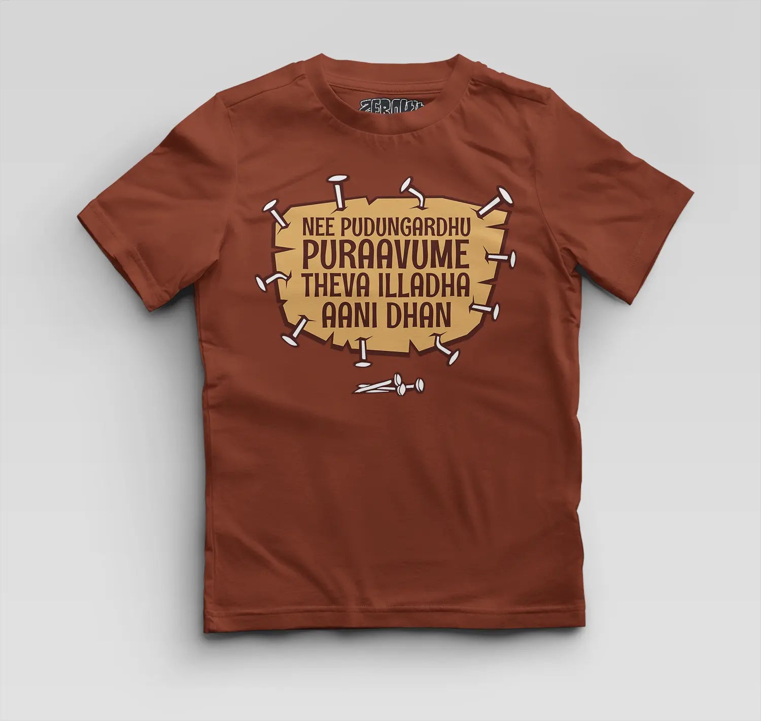 Nee Pudungurathu Puraavume Theva Illadha Aani Dhan Boys Round Neck T-Shirt in Brick Red Color