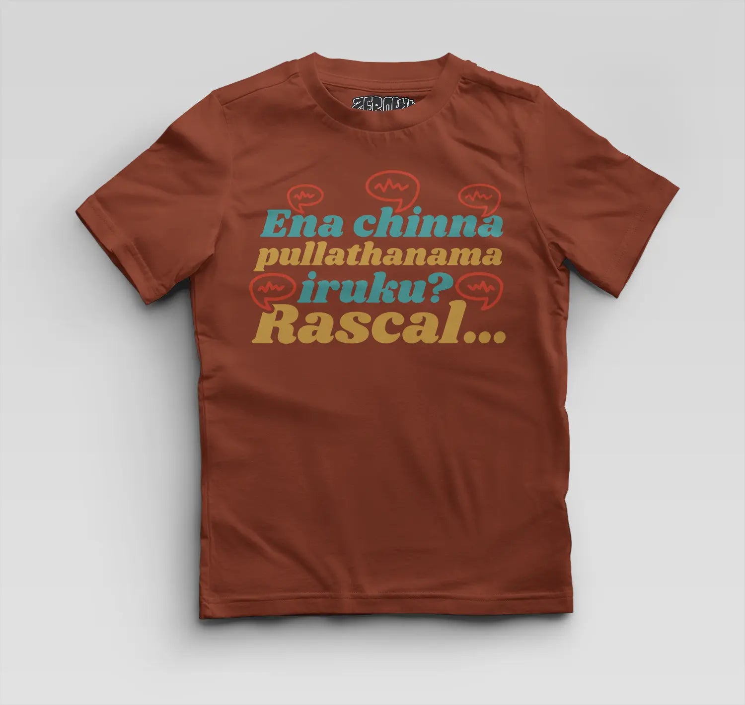 Ena Chinna Pulla Thanama Iruku Rascal Boys Round Neck T-Shirt in Brick Red Color
