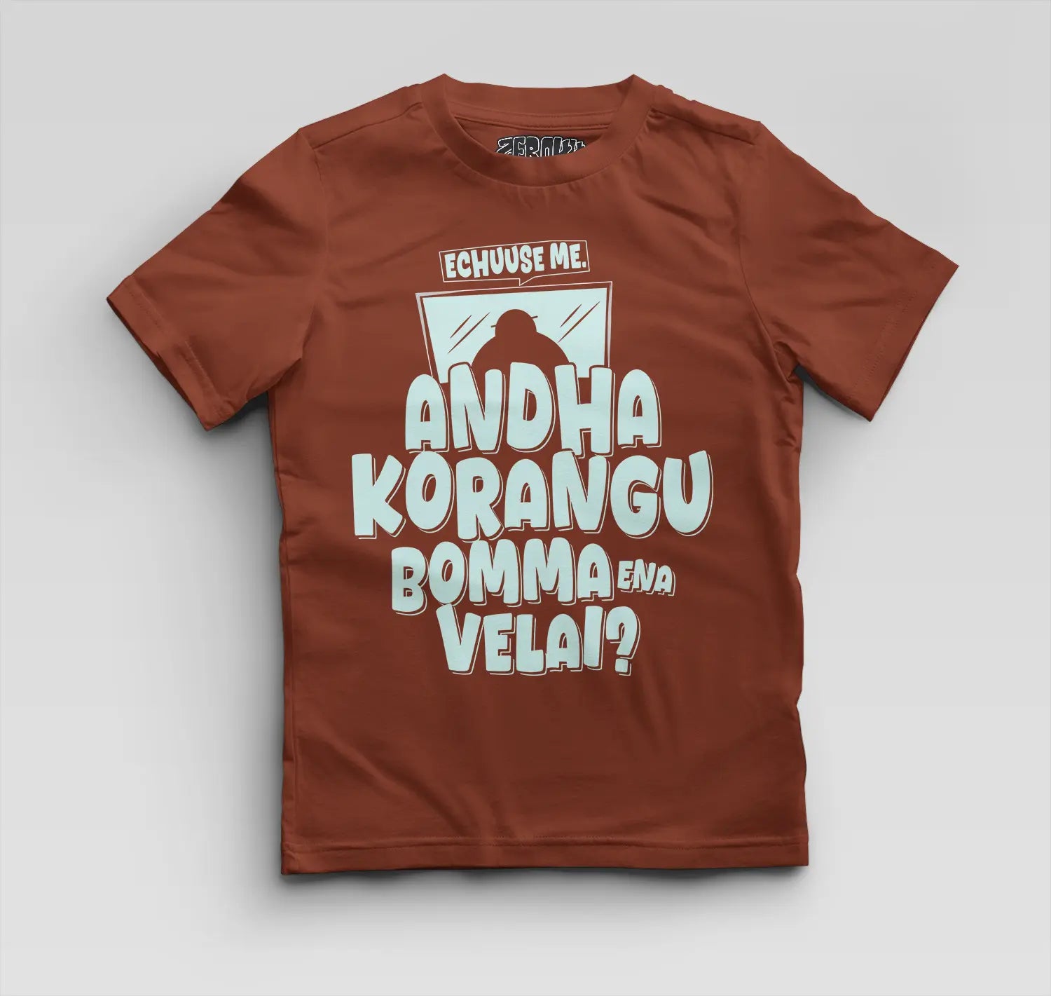Echuuse Me Andha Korangu Bomma Ena Velai Boys Round Neck T-Shirt in Brick Red Color
