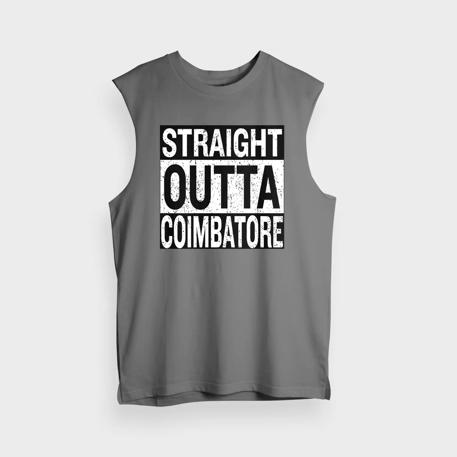 Straight Outta Coimbatore Men/Unisex Tank Top in Charcoal Melange Color