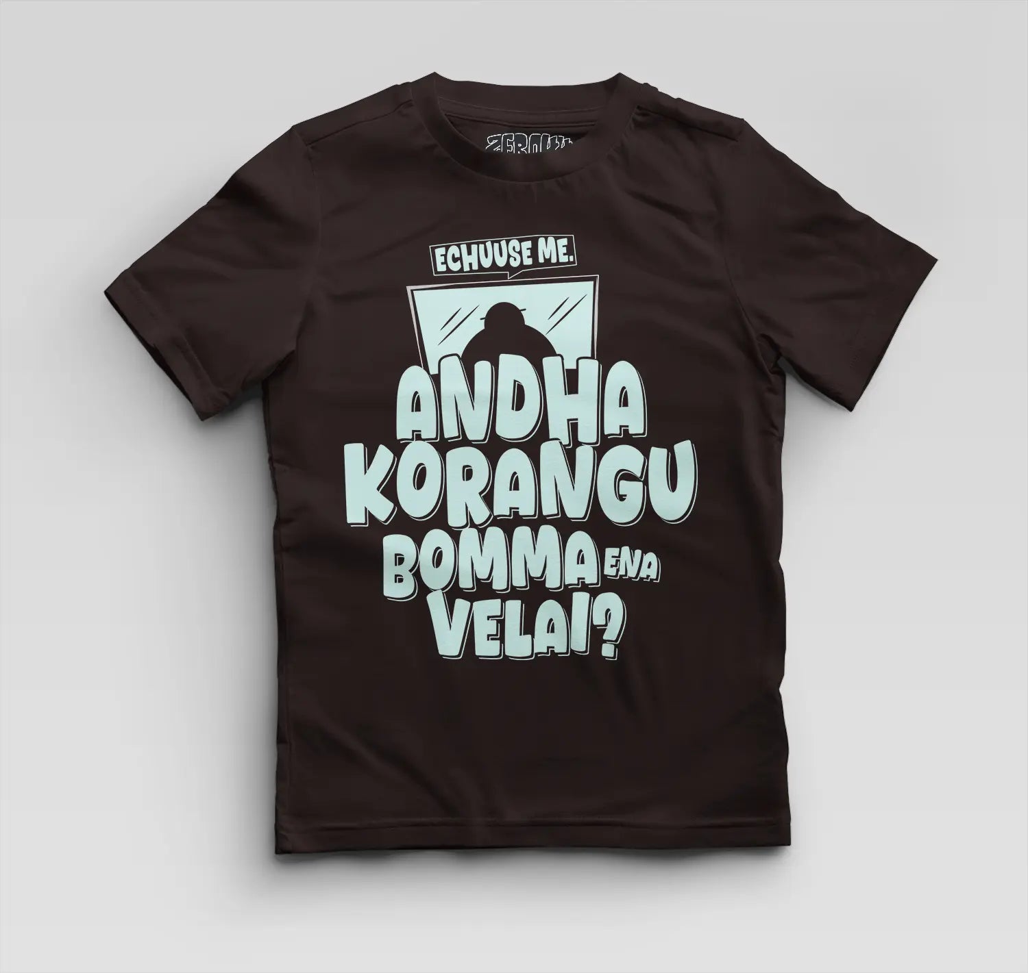 Echuuse Me Andha Korangu Bomma Ena Velai Boys Round Neck T-Shirt in Coffee Brown Color