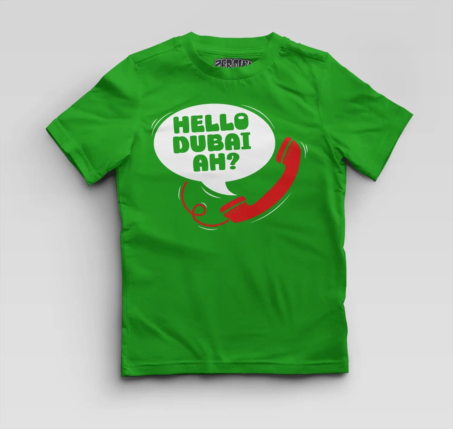 Hello Dubai Ah? Boys Round Neck T-Shirt in Flag Green Color