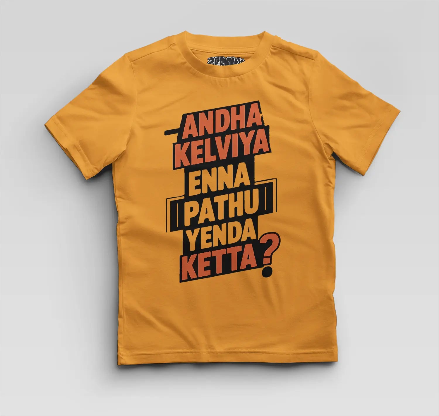 Andha Kelviya Enna Pathu Yenda Ketta Boys Round Neck T-Shirt in Golden Yellow Color