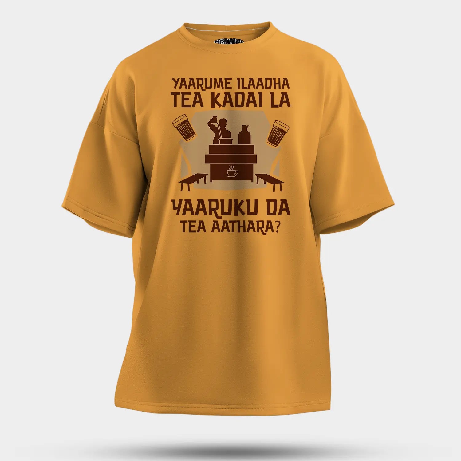 Yaarume Ilaadha Tea Kadai La Yaaruku Da Tea Aathara? Men/Unisex Oversized T-Shirt in Golden Yellow Color