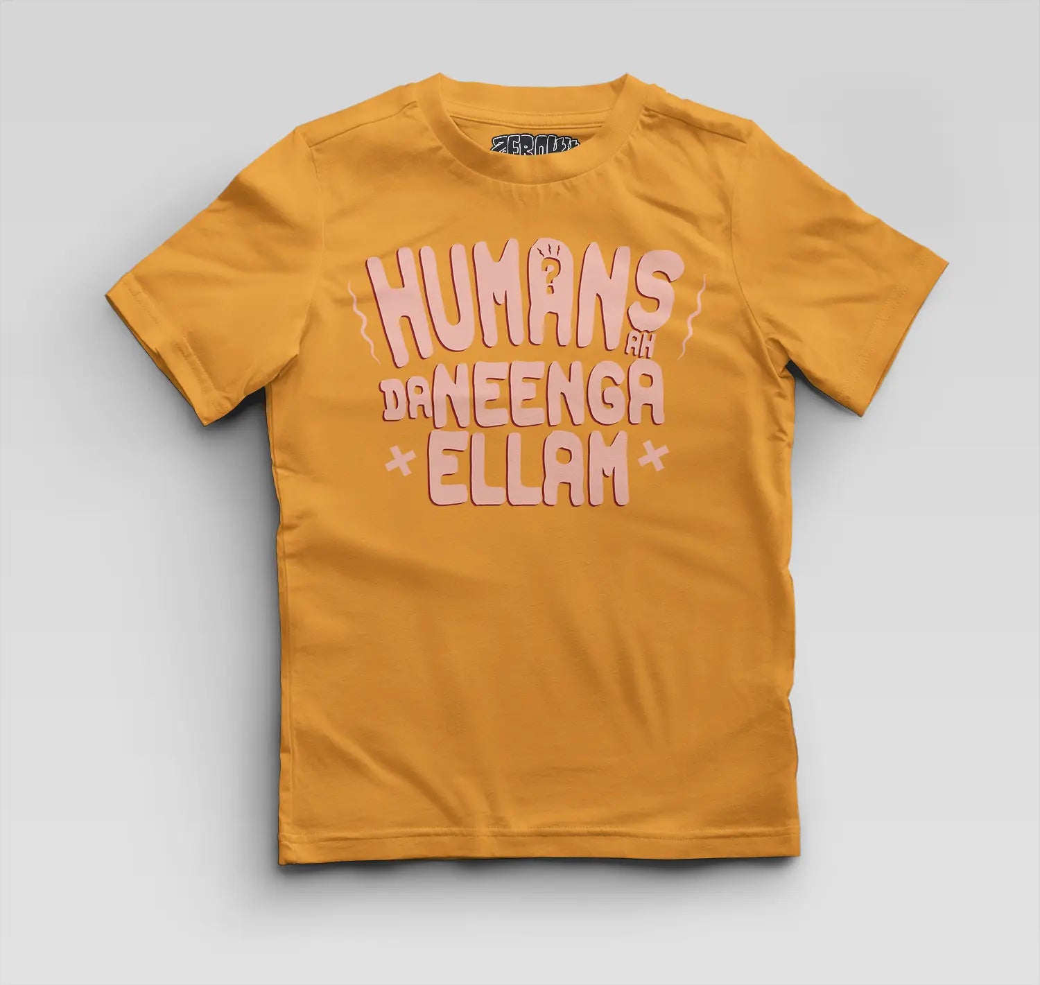 Humans Ah Da Neenga Ellam? Boys Round Neck T-Shirt in Golden Yellow Color