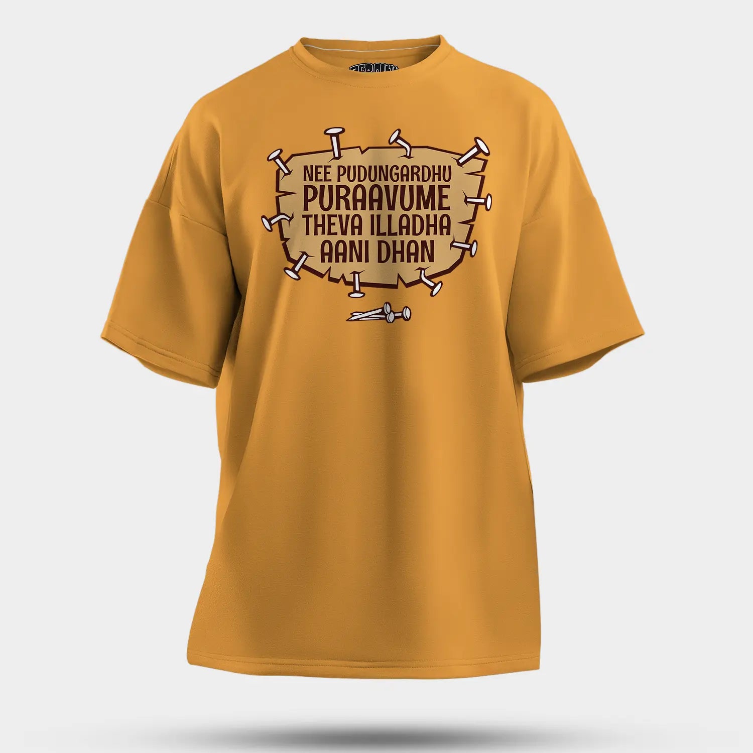 Nee Pudungurathu Puraavume Theva Illadha Aani Dhan Men/Unisex Oversized T-Shirt in Golden Yellow Color