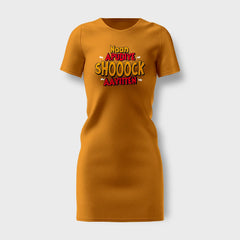 Naan Apudiye Shoooock Aayitten Women's T-Shirt Dress in Golden Yellow Color