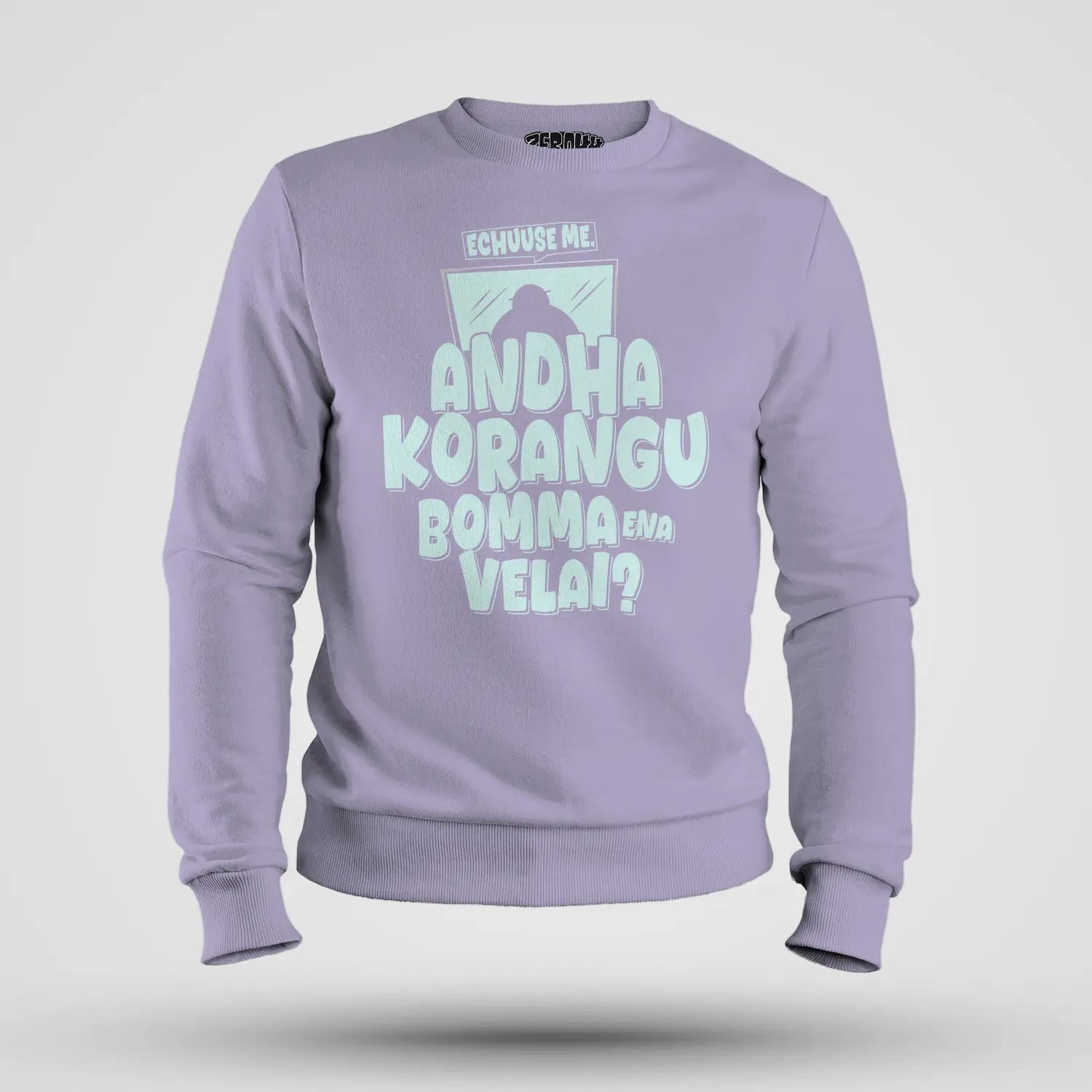 Echuuse Me Andha Korangu Bomma Ena Velai Men/Unisex Sweatshirt in Lavender Color