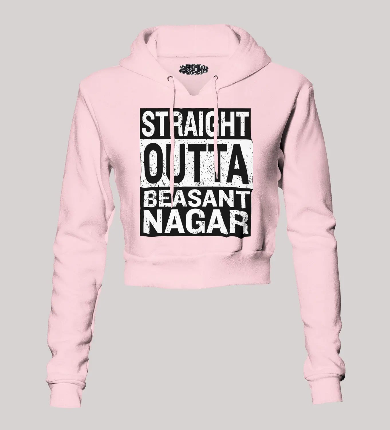 Straight Outta Beasant Nagar Women's Crop Hoodies in Light Baby Pink Color