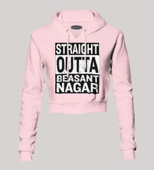 Straight Outta Beasant Nagar Women's Crop Hoodies in Light Baby Pink Color