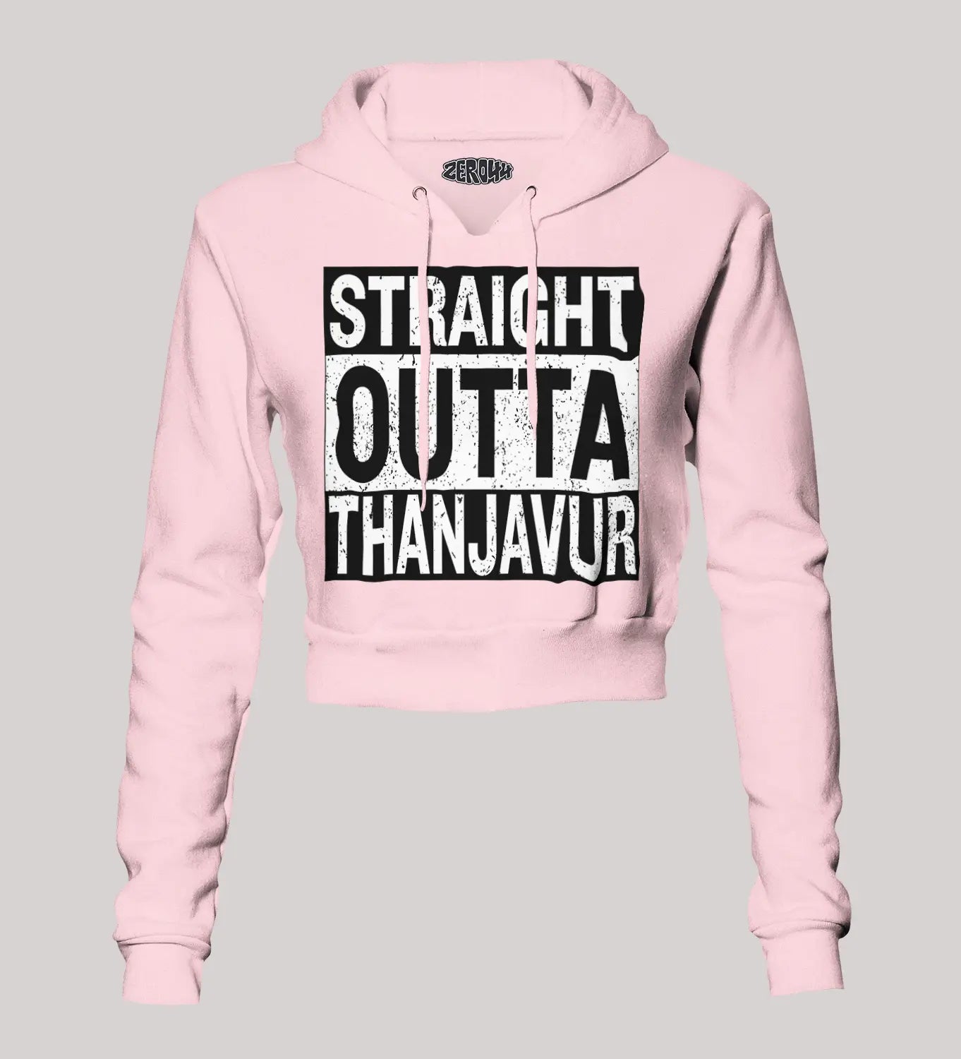 Straight Outta Thanjavur Women's Crop Hoodies in Light Baby Pink Color