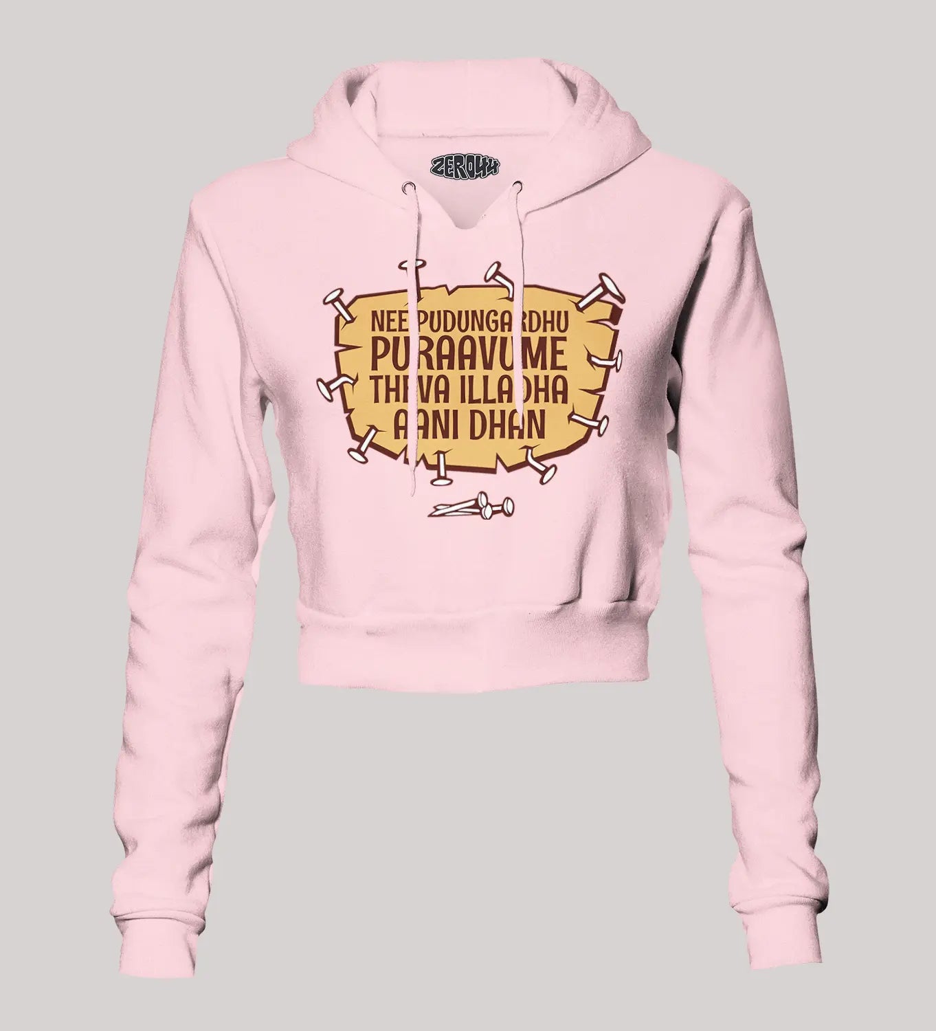 Nee Pudungurathu Puraavume Theva Illadha Aani Dhan Women's Crop Hoodies in Light Baby Pink Color