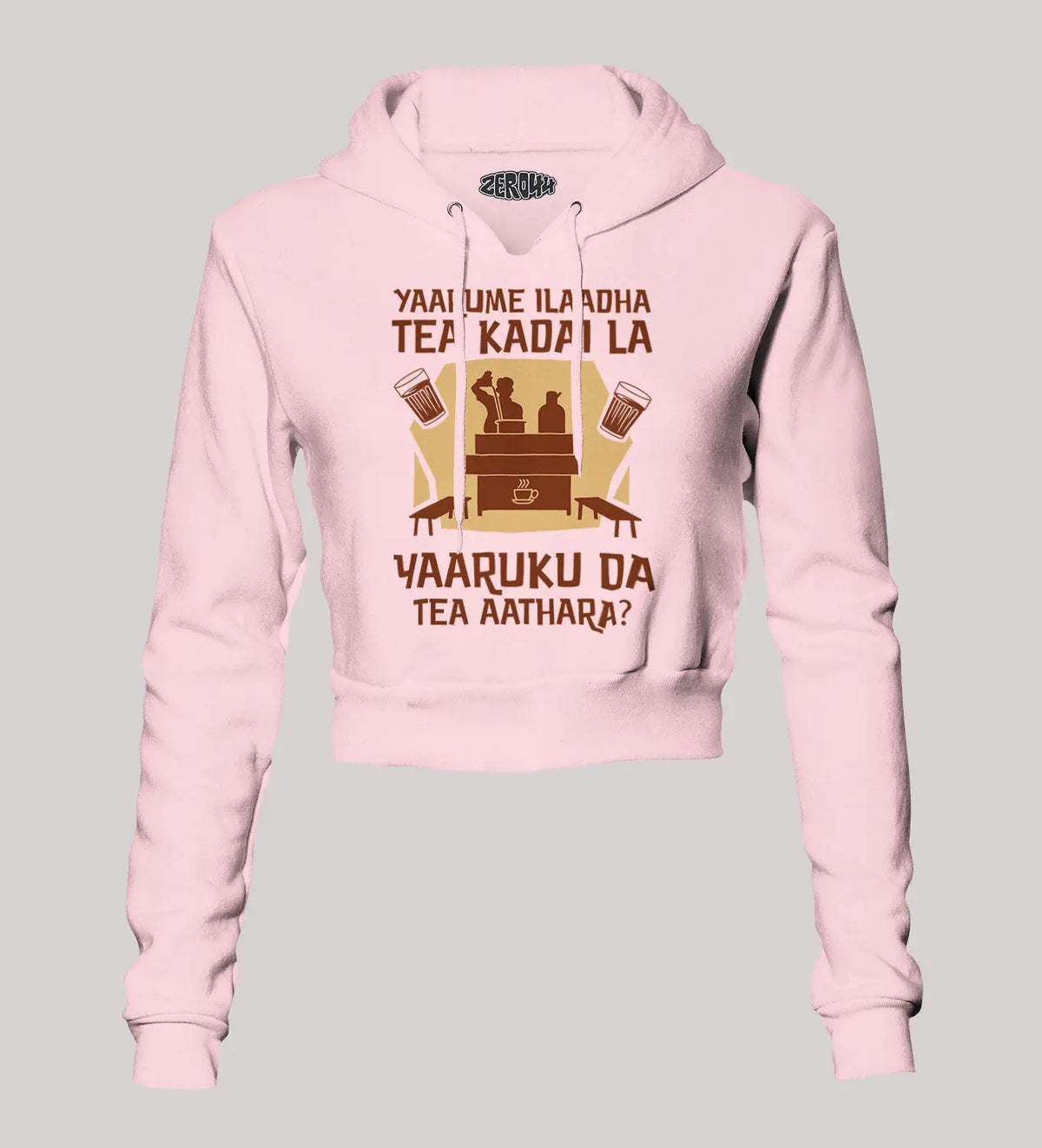 Yaarume Ilaadha Tea Kadai La Yaaruku Da Tea Aathara? Women's Crop Hoodies in Light Baby Pink Color