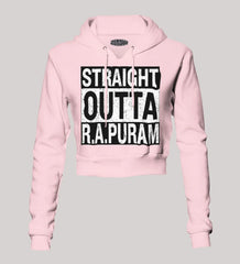 Straight Outta R.a Puram Women's Crop Hoodies in Light Baby Pink Color