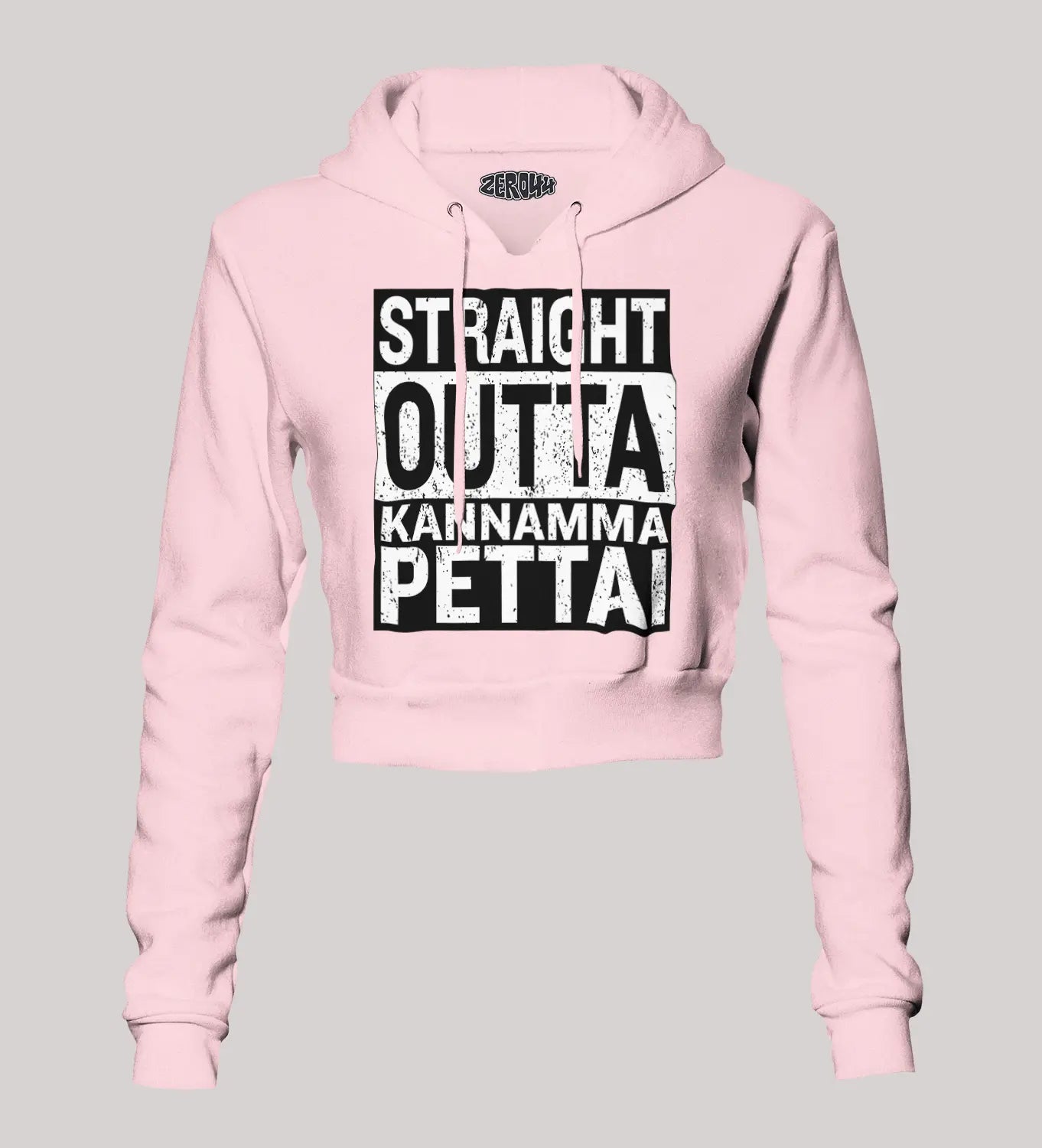 Straight Outta Kannamma Pettai Women's Crop Hoodies in Light Baby Pink Color