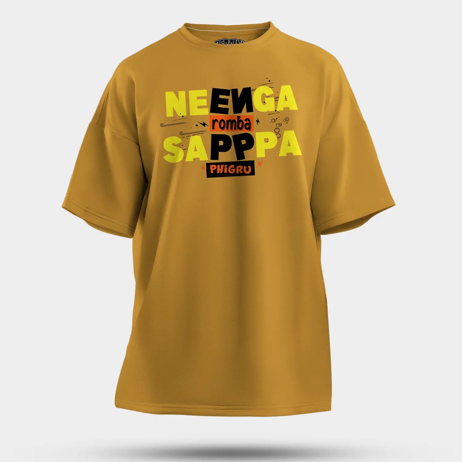 Neenga Romba Sappaa Phigru Men/Unisex Oversized T-Shirt in Mustard Yellow Color
