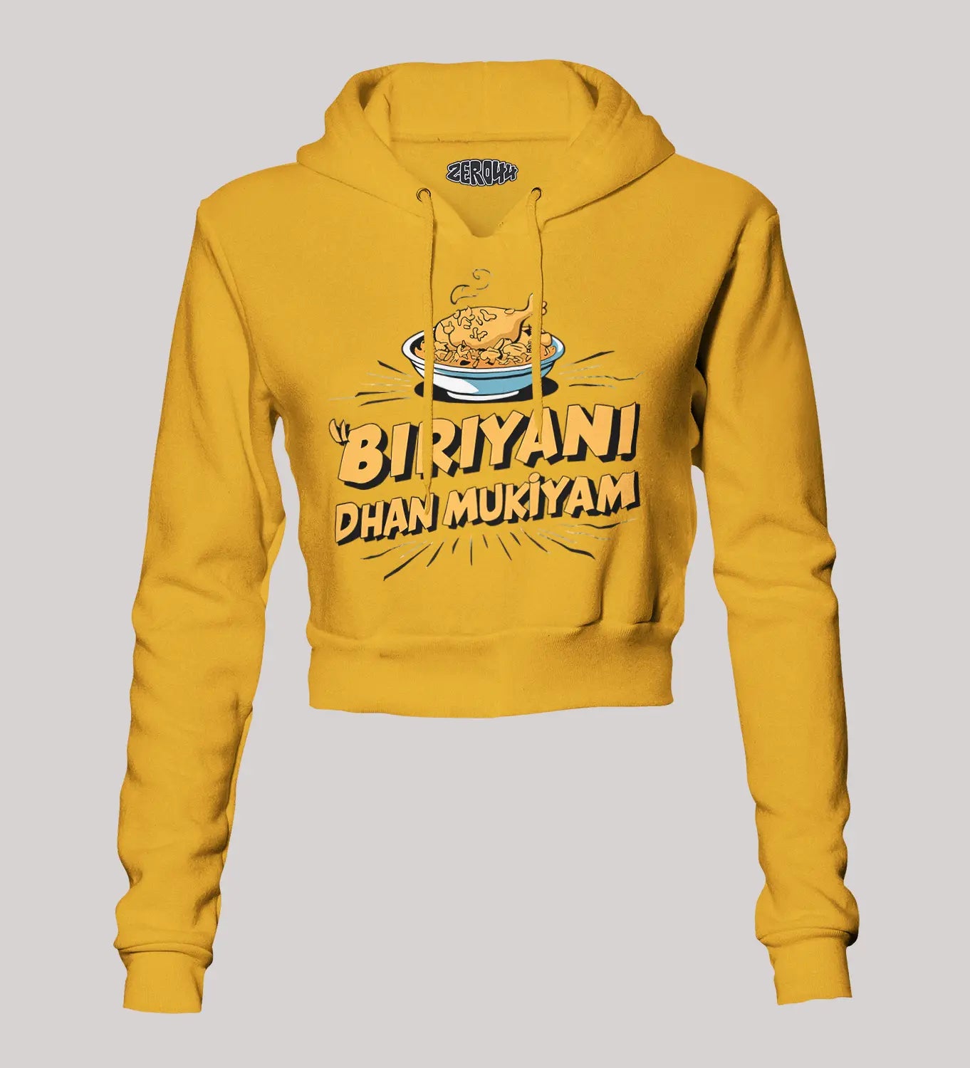 Biriyani Dhan Mukiyam Women's Crop Hoodies in Mustard Yellow Color