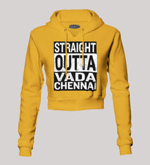 Straight Outta Vada Chennai Women's Crop Hoodies in Mustard Yellow Color