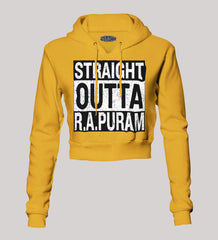 Straight Outta R.a Puram Women's Crop Hoodies in Mustard Yellow Color
