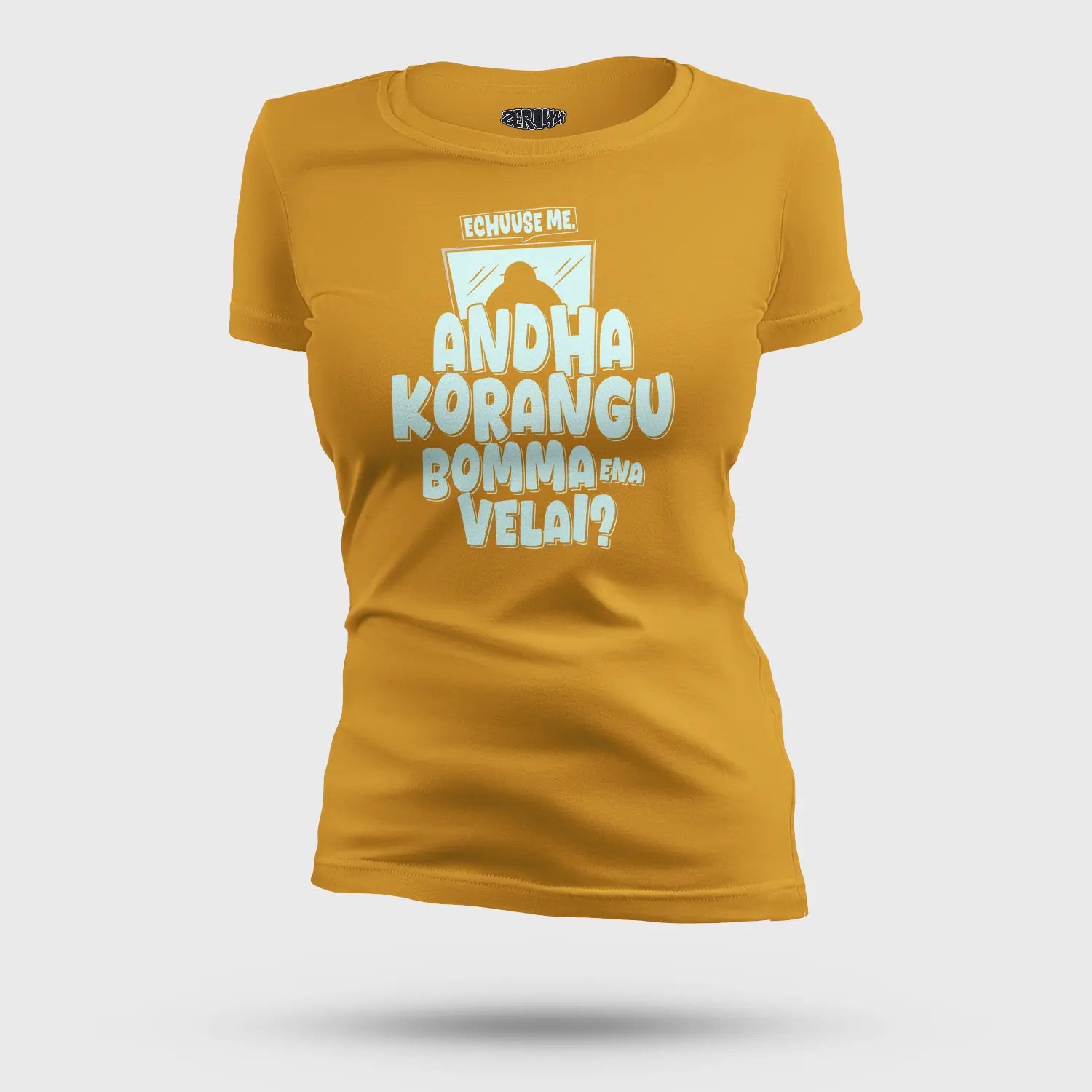 Echuuse Me Andha Korangu Bomma Ena Velai Women's T-Shirt in Mustard Yellow Color
