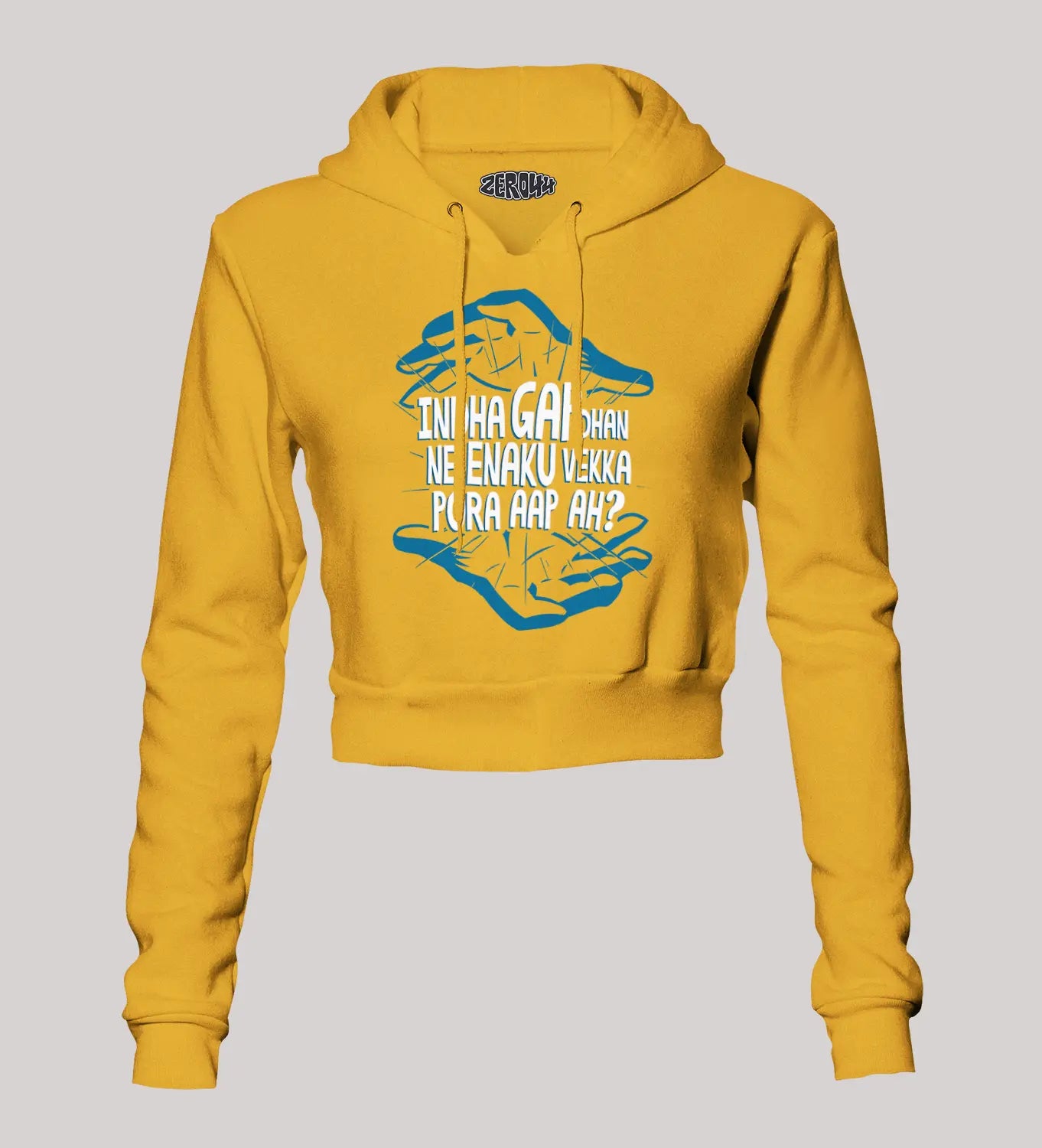 Indha Gap Dhan Ne Enaku Vekka Pora Aap Ah? Women's Crop Hoodies in Mustard Yellow Color