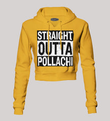 Straight Outta Pollachi Women's Crop Hoodies in Mustard Yellow Color