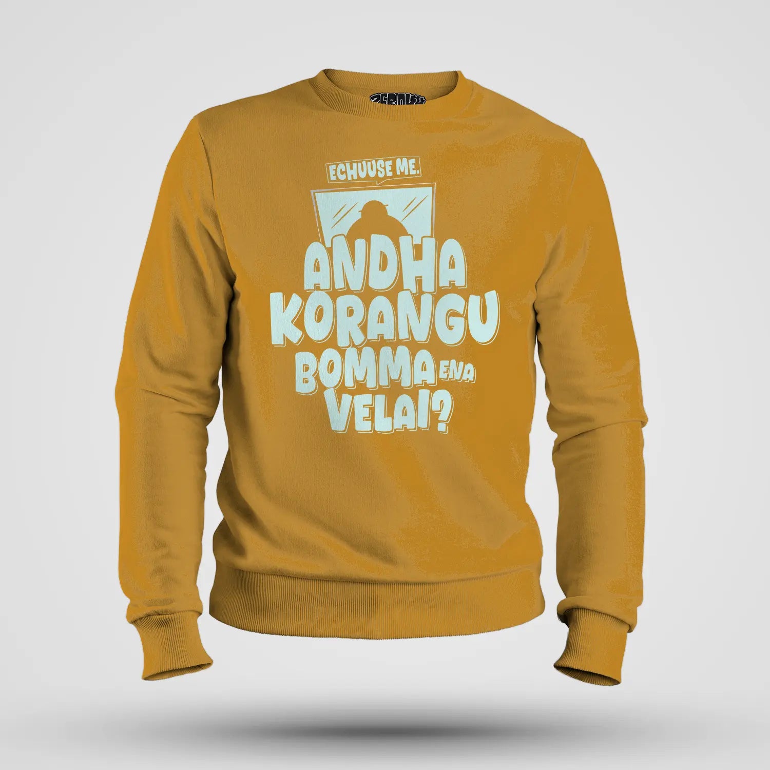 Echuuse Me Andha Korangu Bomma Ena Velai Men/Unisex Sweatshirt in Mustard Yellow Color