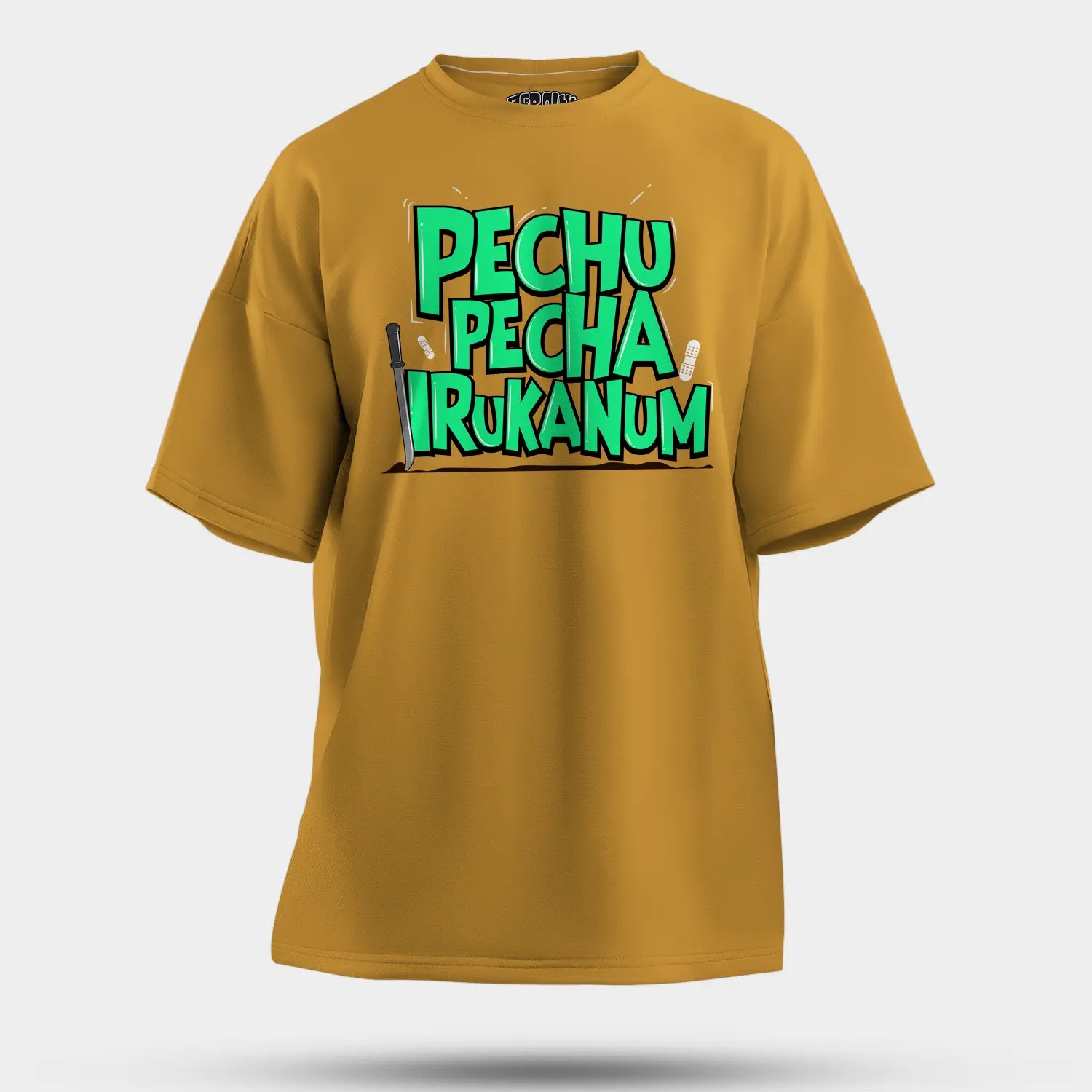 Pechu Pecha Irrukanum Men/Unisex Oversized T-Shirt in Mustard Yellow Color