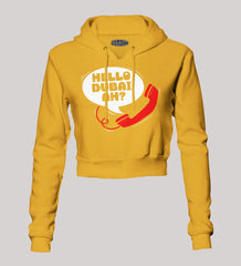 Hello Dubai Ah? Women's Crop Hoodies in Mustard Yellow Color