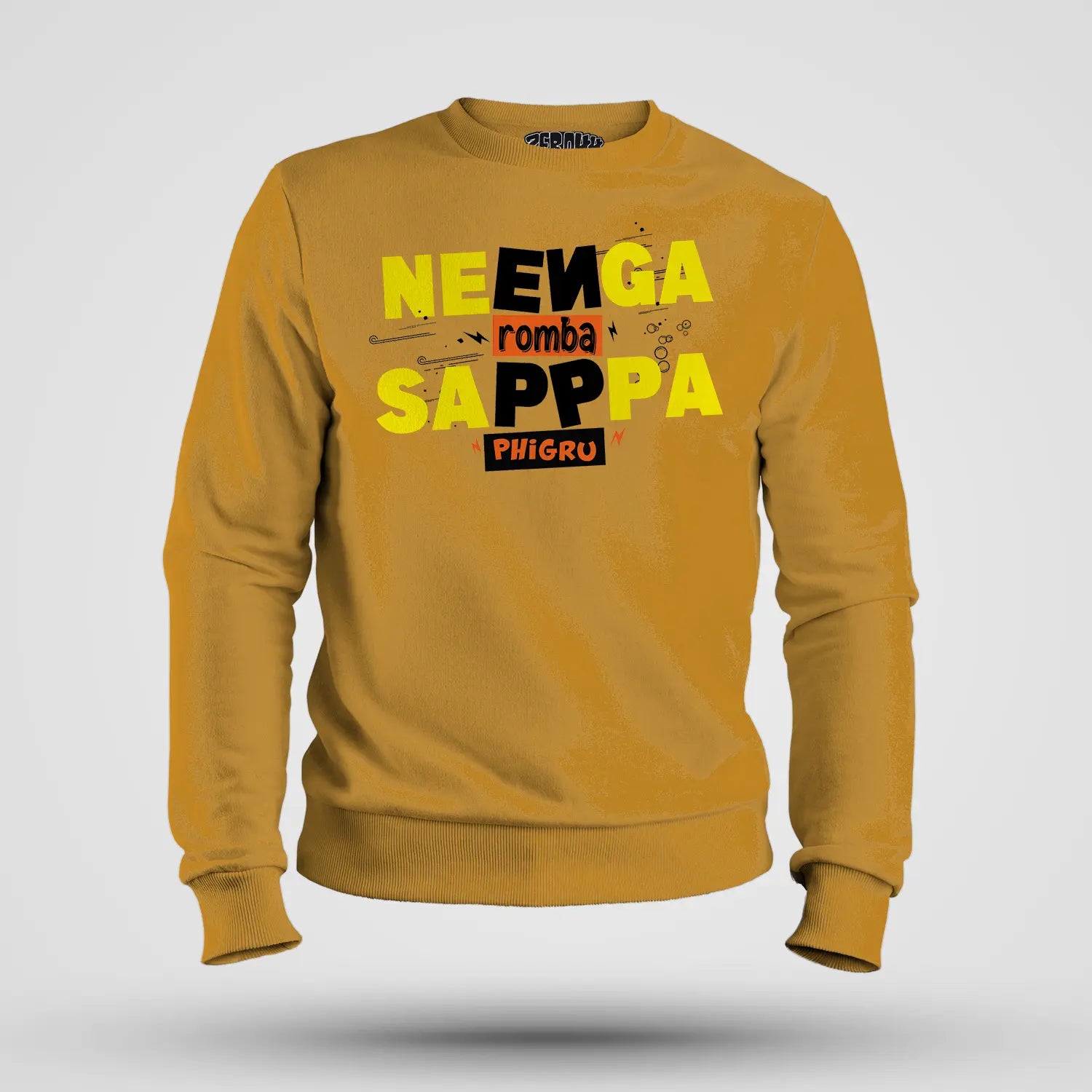 Neenga Romba Sappaa Phigru Men/Unisex Sweatshirt in Mustard Yellow Color
