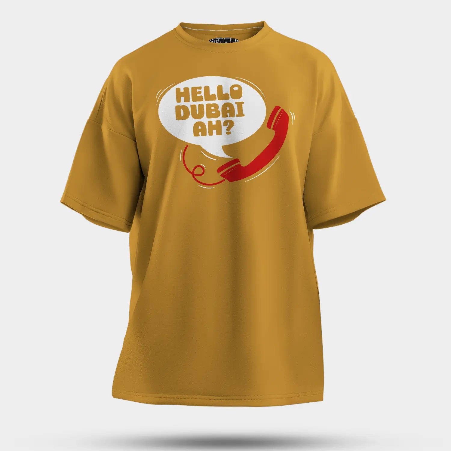 Hello Dubai Ah? Men/Unisex Oversized T-Shirt in Mustard Yellow Color