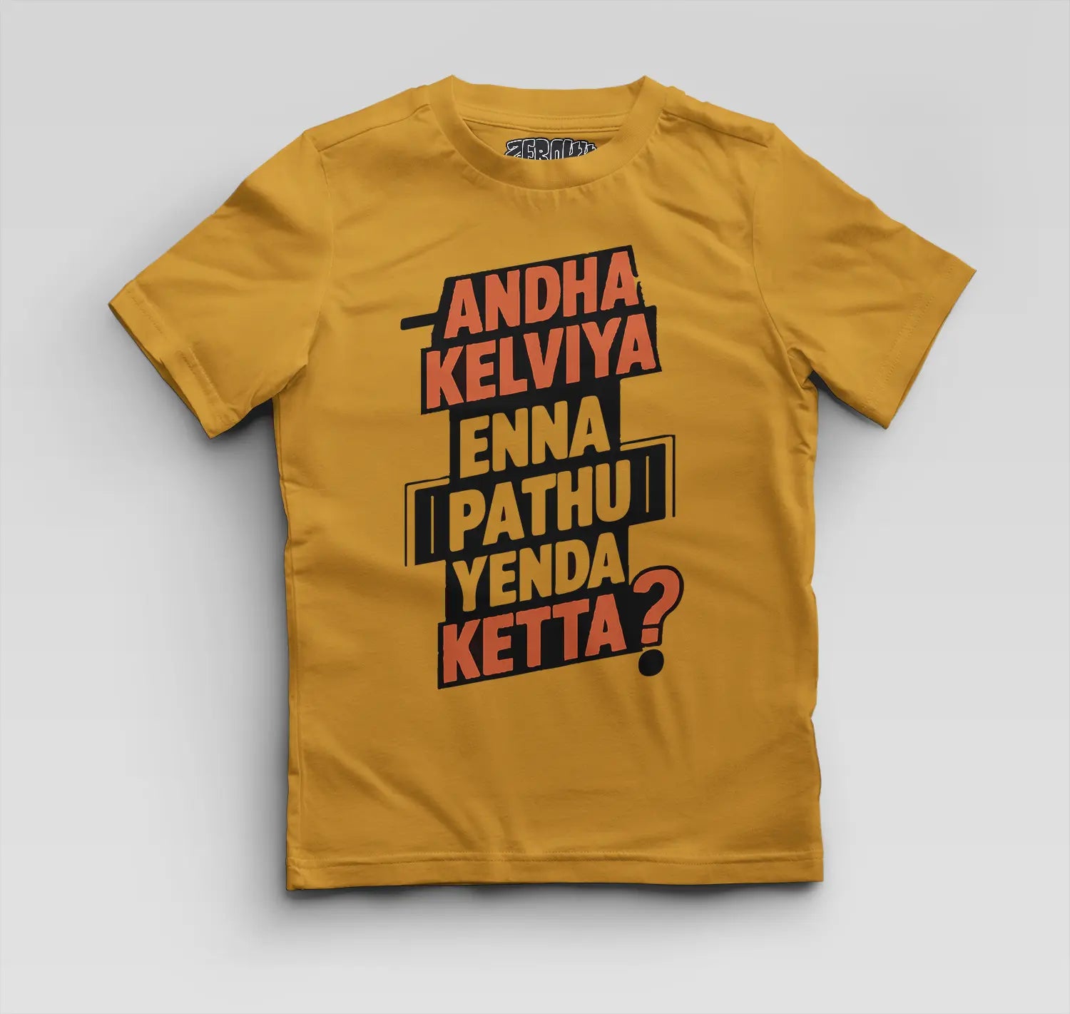 Andha Kelviya Enna Pathu Yenda Ketta Boys Round Neck T-Shirt in Mustard Yellow Color