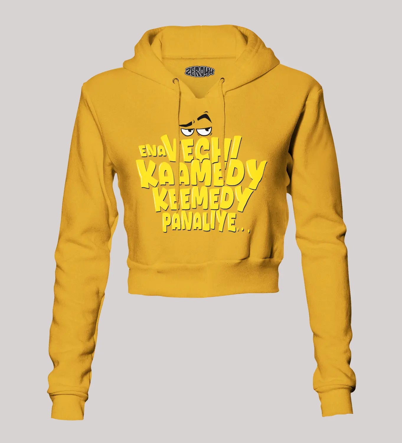 Ena Vechi Kaamedy Keemady Panaliye Women's Crop Hoodies in Mustard Yellow Color