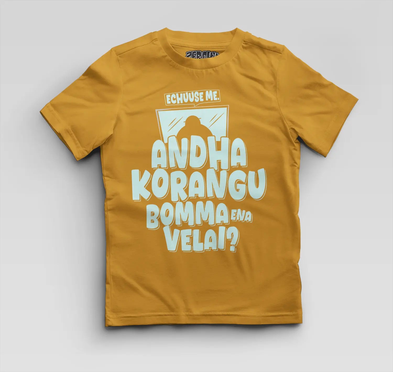 Echuuse Me Andha Korangu Bomma Ena Velai Boys Round Neck T-Shirt in Mustard Yellow Color