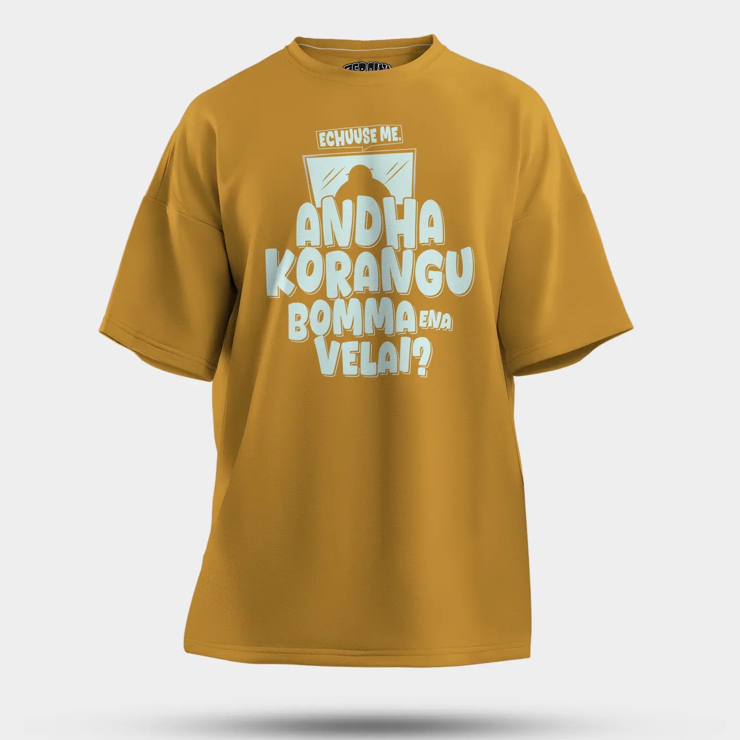 Echuuse Me Andha Korangu Bomma Ena Velai Men/Unisex Oversized T-Shirt in Mustard Yellow Color