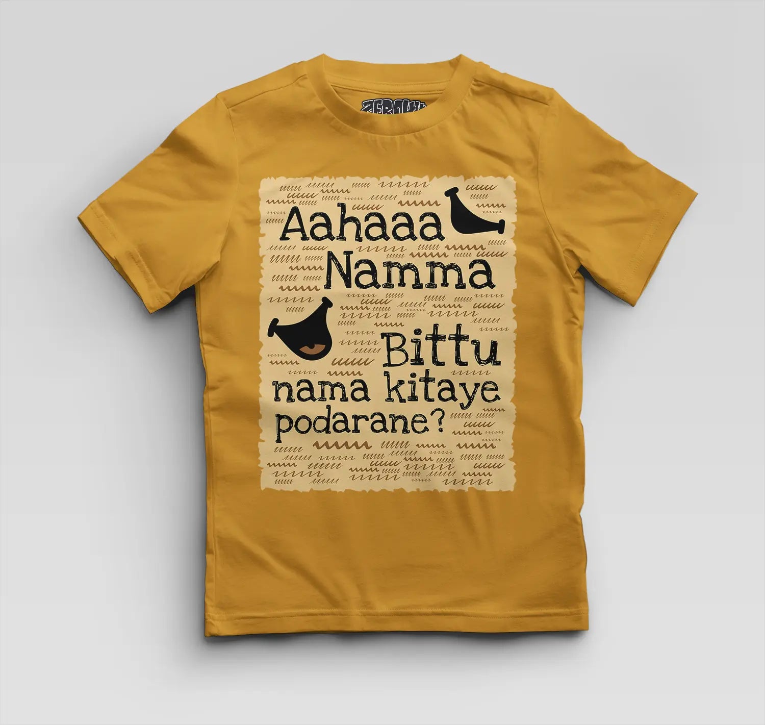 Aahaaa Namma Bittu Nama Kitaye Podarane Boys Round Neck T-Shirt in Mustard Yellow Color
