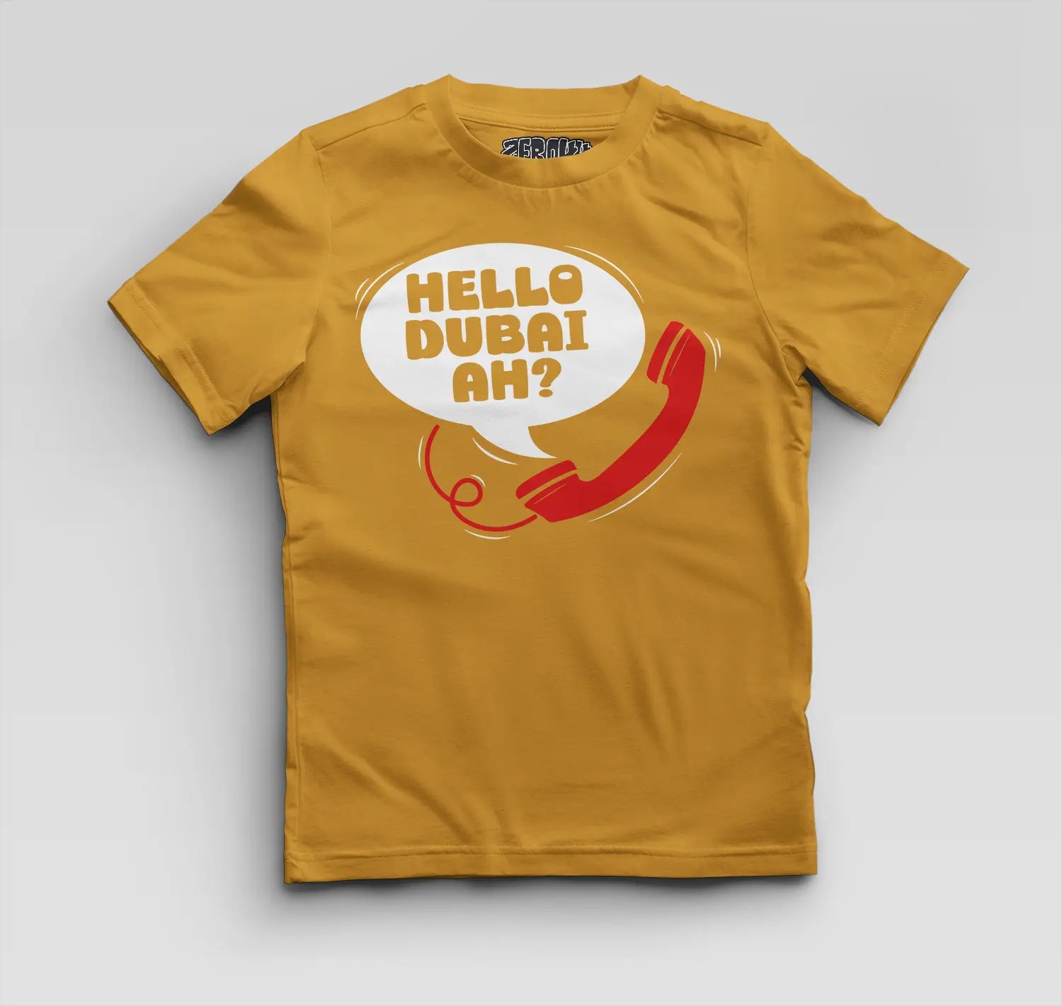 Hello Dubai Ah? Boys Round Neck T-Shirt in Mustard Yellow Color
