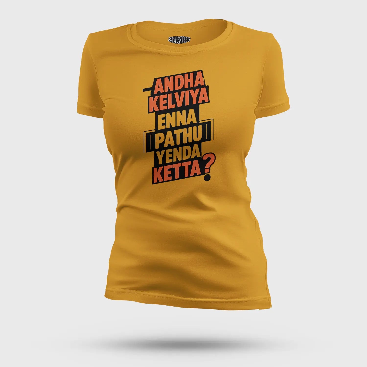 Andha Kelviya Enna Pathu Yenda Ketta Women's T-Shirt in Mustard Yellow Color