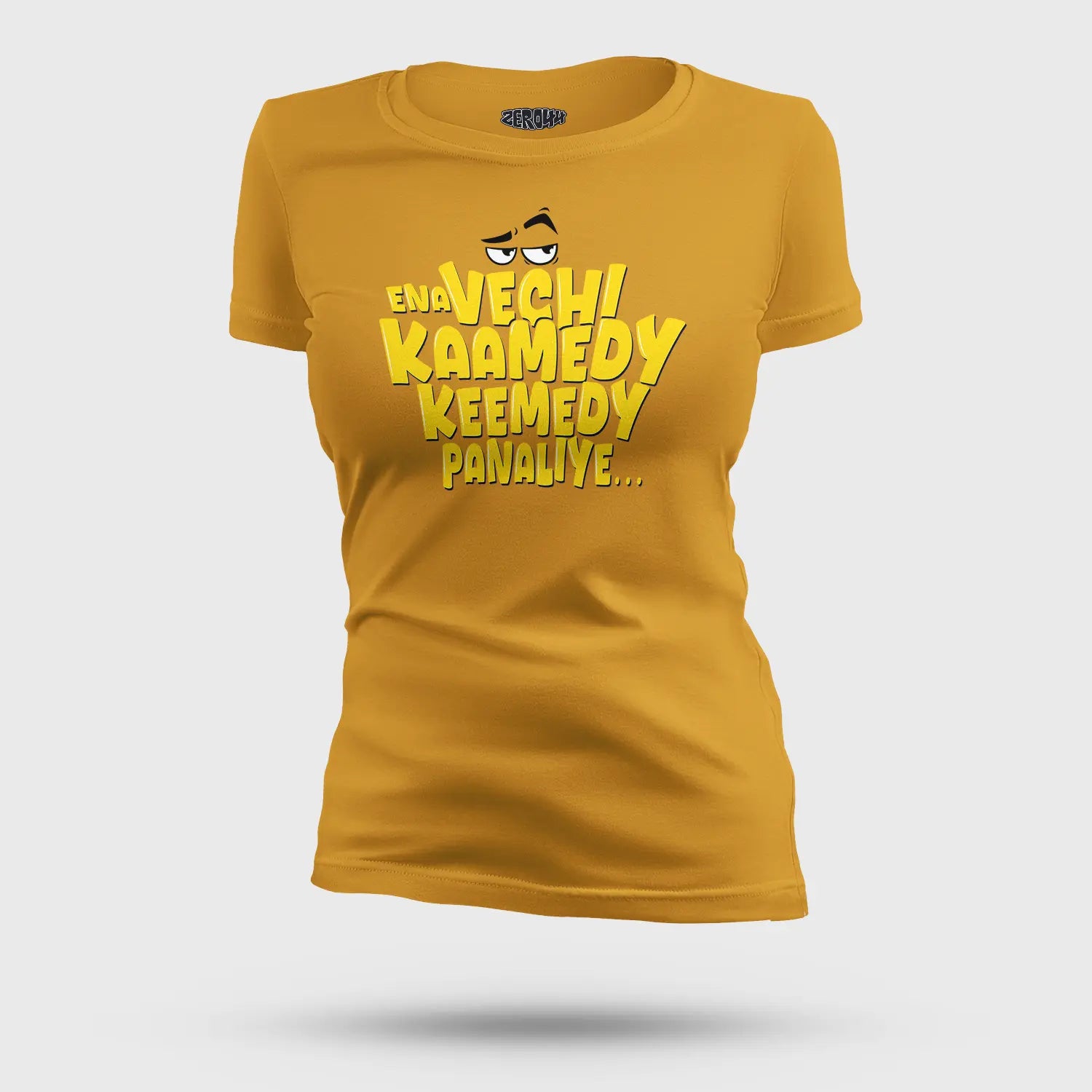 Ena Vechi Kaamedy Keemady Panaliye Women's T-Shirt in Mustard Yellow Color