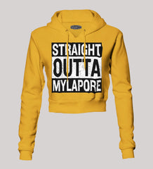 Straight Outta Mylapore Women's Crop Hoodies in Mustard Yellow Color