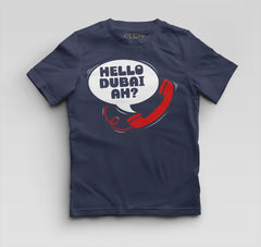 Hello Dubai Ah? Boys Round Neck T-Shirt in Navy Blue Color