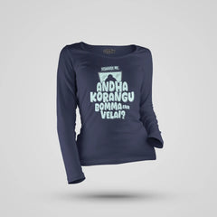 Echuuse Me Andha Korangu Bomma Ena Velai Women's Long Sleeve T-Shirt in Navy Blue Color