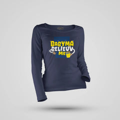 Babyma Belieuv Me Women's Long Sleeve T-Shirt in Navy Blue Color