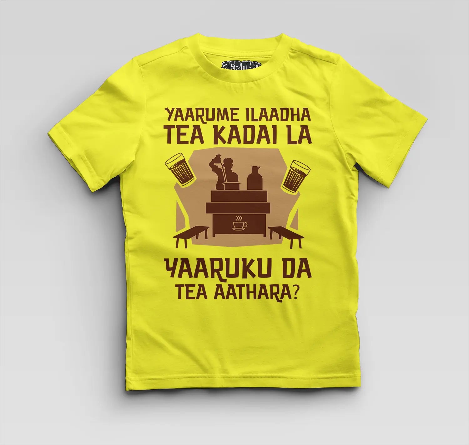 Yaarume Ilaadha Tea Kadai La Yaaruku Da Tea Aathara? Boys Round Neck T-Shirt in New Yellow Color