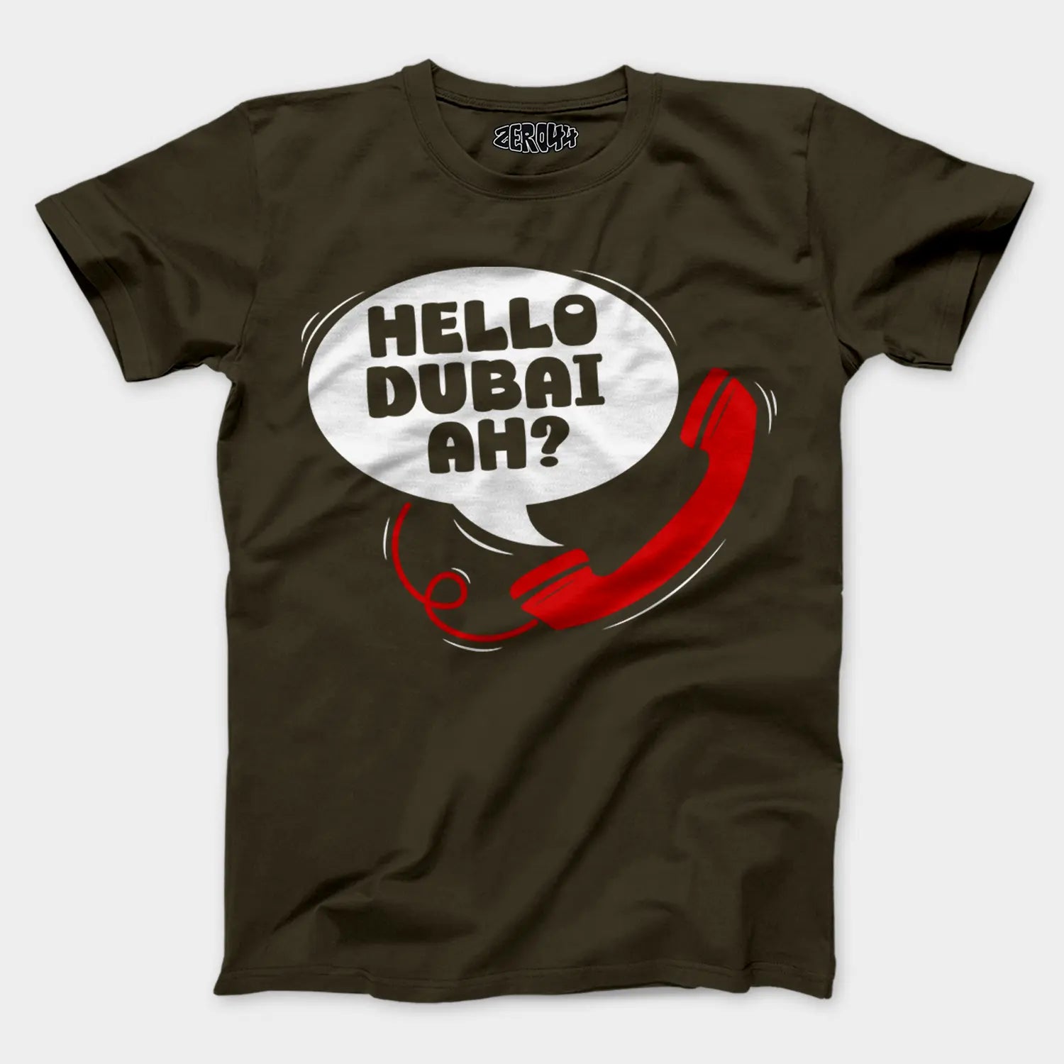Hello Dubai Ah? Men/Unisex T-Shirt in Olive Green Color